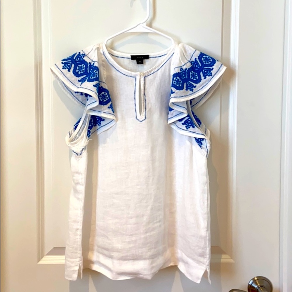 Jcrew embroidered linen flounce top xs